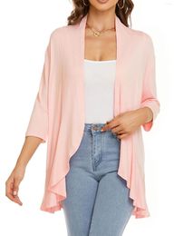 Women's Knits Autumn Solid Colour Cardigan Women Jacket Three-quarter Sleeve Ruffle Top Streetwear Pink