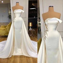 Vintage Mermaid Wedding Dresses Satin Lace Appliques One Shoulder Crystal Beads A Line Bridal Gowns Detachable Train Overskirts Plus Size 403