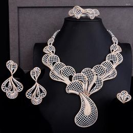Necklace Earrings Set GODKI Luxury Feather Leaf 4pcs African Cubic Zircon CZ Nigerian For Women Wedding Dubai Gold Bridal