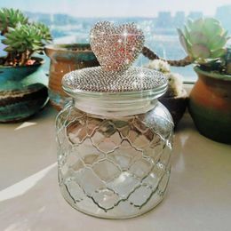 Storage Bottles Hand-made Crystal Rhinestones Heart-shaped Lead-free Glass LIDS Bottle Sealed Tea Jar Grain Coffee Contained