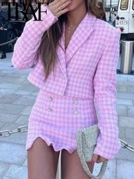 Women s Two Piece Pants TRAF 2023 Women Spring Jacket Fashion Houndstooth Textures Casual Blazer Coat Long Sleeve Top Femme Outerwear Shorts Skirts Suit 230106
