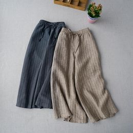 Women's Pants & Capris Spring Summer Women Casual All-match Loose Plus Size Japanese Style Brief Stripe Linen Trousers Elastic Waist Wide Le