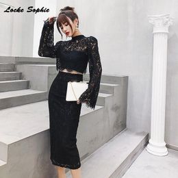 Two Piece Dress 2piece Women Tracksuits Twinset Shirts And Skirts 2023Autumn Lace Hollow Out Splicing Black Suits Set Ladies Skinny Track