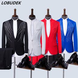 Men's Suits Adult Male Choral Dress 4 Colours Rhinestones Crystals Blazers Jacket Magician Prom Host Wedding Chorus Stage Outfit &