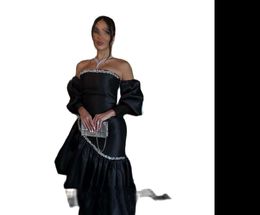 Black Beads Strapless Evening Dresses Draped Satin Asymmetrical Dubai Prom Party Gowns Floor Length 2023