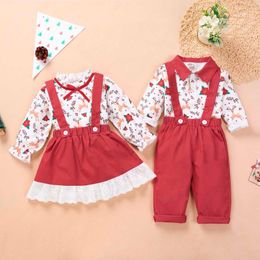 Clothing Sets Children's Clothes Sister And Brother's Suit Girls Boys Cartoon Print Long Sleeved Suspender Skirt Trousers Siblings