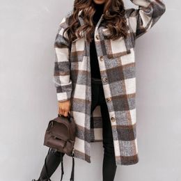 Women's Wool & Blends 2023 Winter Checked Women Jacket Turn Down Overcoat Thin Plaid Long Coat Oversize Retro Female Streetwear Shirt