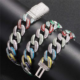 Mens Bling Chains Width 15mm 18-24inch Gold Silver Colours Bling CZ Colourful Miami Cuban Chain Necklace Bracelet Fashion Jewellery Nice Gift for Men Women