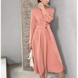 Casual Dresses French Style Vintage Coral Red V-neck Dress With Bandage Belt Women's Sexy Long Sleeve Satin Sundress Vestidos