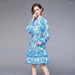 Casual Dresses Autumn Winter Long Sleeve Stand Collar Print A-line Retro Harajuku Dress Puff Knee-Length Chic Sundress 2023