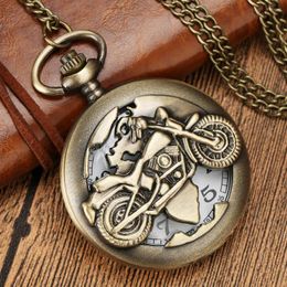 Pocket Watches Antique Motorbike MOTO Retro Bronze Steampunk Motorcycle Hollow Quartz Watch Necklace Fob Chain Pendant Clock Men