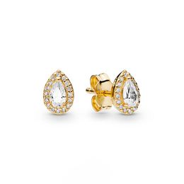 Yellow Gold plated Teardrop Stud Earring for Pandora Real Sterling Silver Women Girls Wedding Gift CZ Diamond Engagement designer Earrings Set with Original Box