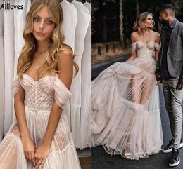 Tule plissado ombro fora de uma linha vestidos de casamento para noivas sexy ver através do laço boho país elegante chá de panela vestidos de noivado chiques robes de mariee