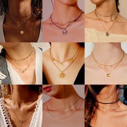 Pendant Necklaces Multilayer Necklace Long Women Stainless Steel Fashion Moon Circle Map Gift Jewellery