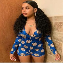 Women's Jumpsuits & Rompers Fashion Cake Crown Pattern Print Bodysuit Bodycon Jumpsuit Sexy Women V-neck Home Long Sleeve Sleepwear Nightdre