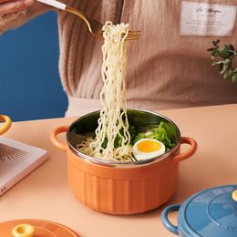 Bowls Stainless Steel Double-layer Bowl Anti-scalding Noodle With Lid Handle Soup Rice Fruit Salad Container Home Tableware