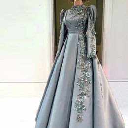 3D Exquisite Blumen Muslimische Frauen Abendkleider Perlen Applikationen Dubai Kaftan Formale Kleid für Verlobung Geraffte Islam Vestido