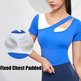 Active Shirts Women Halter Neck Sports Gym Yoga Crop Top Workout Running Short Sleeve Fixed Chest Pad Fitness Training Sportswear