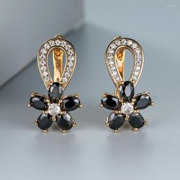 Hoop Earrings Cool Black Flower For Women 18K Gold Plated Hollow Design Tiny Zircon Stone Dangle Aesthetic Jewellery
