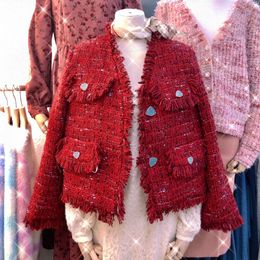 Women's fashion red color tweed woolen thickening cotton padded warm coat casacos SML