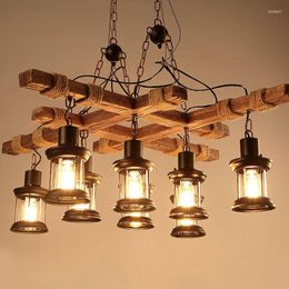 Pendant Lamps Retro Industrial Lights 8-Head Vintage Wood Chandelier Cafe Bar Clothing Store Loft Glass Iron Lampwooden Droplights