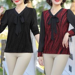 Women's T Shirts T-Shirts For Women Black Top Bow V-Neck Striped Chiffon Long Sleeve Bottoming Shirt Woman Clothes