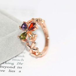 Cluster Rings For Women Luxury Lucky Clover Multicolor Austrian Crystal Flower Rose Gold Color Party Gift Fashion Jewelry R219