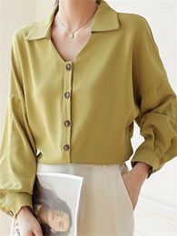 Women's Blouses Lantern Sleeve Shirt Women Spring 2023 French Style Button Up Turn Down Collar Tops Office Ladies Chiffon