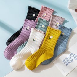 Women Socks A Pair Of Women's Flower Simple Pure Colour Daisy Comfortable Breathable And Versatile All Cotton Happy