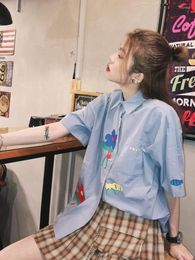 Women's Blouses JASUMMER 2023 Summer Japanese Shirts Bf Wind Cartoon Printed Suit Collar Short Sleeve Shirt Top Girl