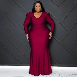 Plus Size Dresses Women Clothing Formal Dress Elegant Solid Floor-Length V-Neck Party Long Sleeve For Full