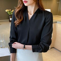 Women's Blouses Fashion Woman 2023 Clothing Female Long Sleeve Top V-neck Solid Color Black Shirts Blusas Femininas Chiffon Elegant
