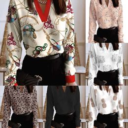 İlkbahar Sonbahar Kadın Gömlek Bluzlar 2023 Tasarımcı Bayanlar Moda V Yaka Uzun Kollu Baskılı Gömlek Artı Boyutu 3xl Tops