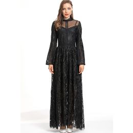 Women's Dresses O Neck Long Flare Sleeves Embroidery Lace Elegant Fashion Desinger Runway Vestidos Prom Gown