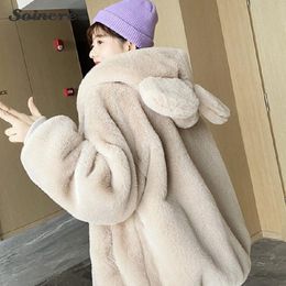 Women's Fur & Faux Winter Hooded Ears Fluffy Coat Women Furry Thick Warm Coats Kawaii Cute Female Casual Jacket Solid Color