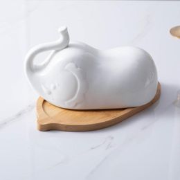 Plates 2023 White Elephant Butter Dish With Lid Bamboo Bottom Fruit Plate Box Ceramic 3d Cow Cheese Storage Tray