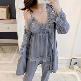 Women's Sleepwear Silk Pyjamas For Women Spring And Summer Robe Sexy Lace Halter Long-sleeved Pants Four-piece Suit Home Wear
