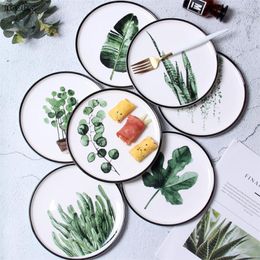 Plates 1PC Nordic Hand Painted Green Plants Porcelain Dinner Plate Tableware Creative Ceramic Dessert Dinnerware Cake Dish