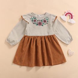 Girl Dresses Toddler Baby Girls Long Sleeve Dress With Ruffle Decoration Lovely Infant Outwear Flower Print Corduroy Folds Autumn Clothing