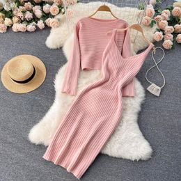 Casual Dresses Knitted Dresstwo-Piece Suit Women Autumn V Neck Sexy Slim Elastic Oversized Japanese Bodycon Long Winter Warm Sweater