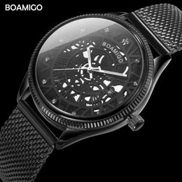 Wristwatches BOAMIGO Brand Men Quartz Watch Fashion Skeleton Male Black Milane Mesh Steel Band Auto Date Clock Relogio Masculino1