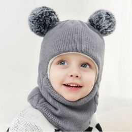 Berets 2 To 7 Years Old Children's Winter Thickened Earmuffs Windproof Pullover Hat Boys Girls Woollen Fur Warm Bib One-Piece Cap