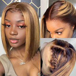 Hot Lace Wigs Highlight Human Hair Short Bob Bone Straight Colored Ombre Blonde 13x1 Frontal for Women 221212