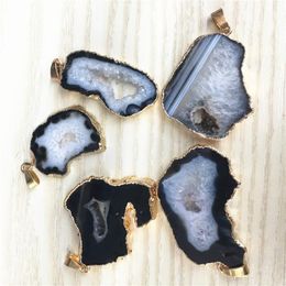 Pendant Necklaces Natural Stone Brazilian Electroplated Edged Slice Open Black Agates Geode Drusy Druzys For Women Necklace Jewelry MakingPe