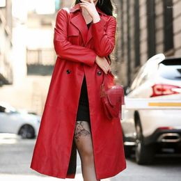 Women's Leather Genuine Womens Jacket Belt Long Sheepskin Coat Female 2023 Spring Double Breasted Coats Slim Overcoat High Quality