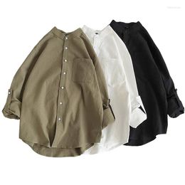 Men's Casual Shirts Streetwear Solid Colors Men Long Sleeve Fashion Mandarin Collar Cotton White Black Shirt Soft Dress