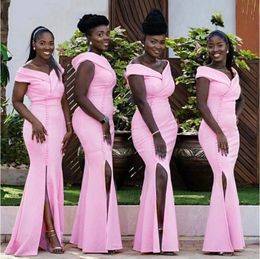 Long Pink Mermaid Bridesmaid Dress Off The Shoulder Side Slit Black Women Wedding Party Dresses Plus Size Maids Gowns