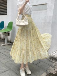 Skirts Summer Fresh Chiffon Floral Long Skirt Fairy Patchwork Sweet A-line Calf Pink Yellow Flowers