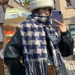 Scarves Large Navy Blue Women's Scarf Winter Thicken Shawl For Female 2023 Fashion Retro Plaid Pashmina Foulard