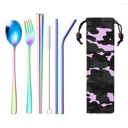 Flatware Sets Portable Travel Stainless Steel Utensils Cutlery Set With Spoon Fork Chopsticks Straw 6pcs